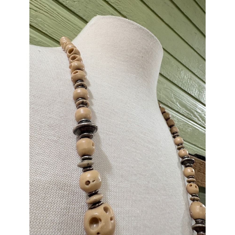 Boho Artisan Tan Carved Bead Necklace Silver Tone Ornate Metal Accents 28 Inch - Picture 2 of 11